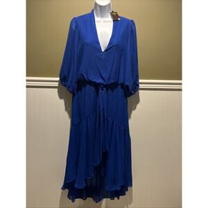 Taylor Royal Blue Azure Chiffon V neck High Low Midi Dress Medium
